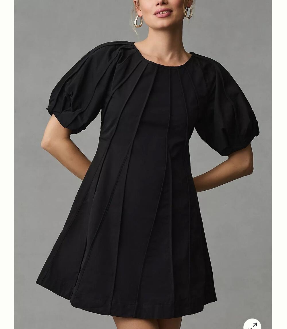 *NWT Aureta Anthropologie Puff-Sleeved Seamed A-Line Mini Dress Black Size S